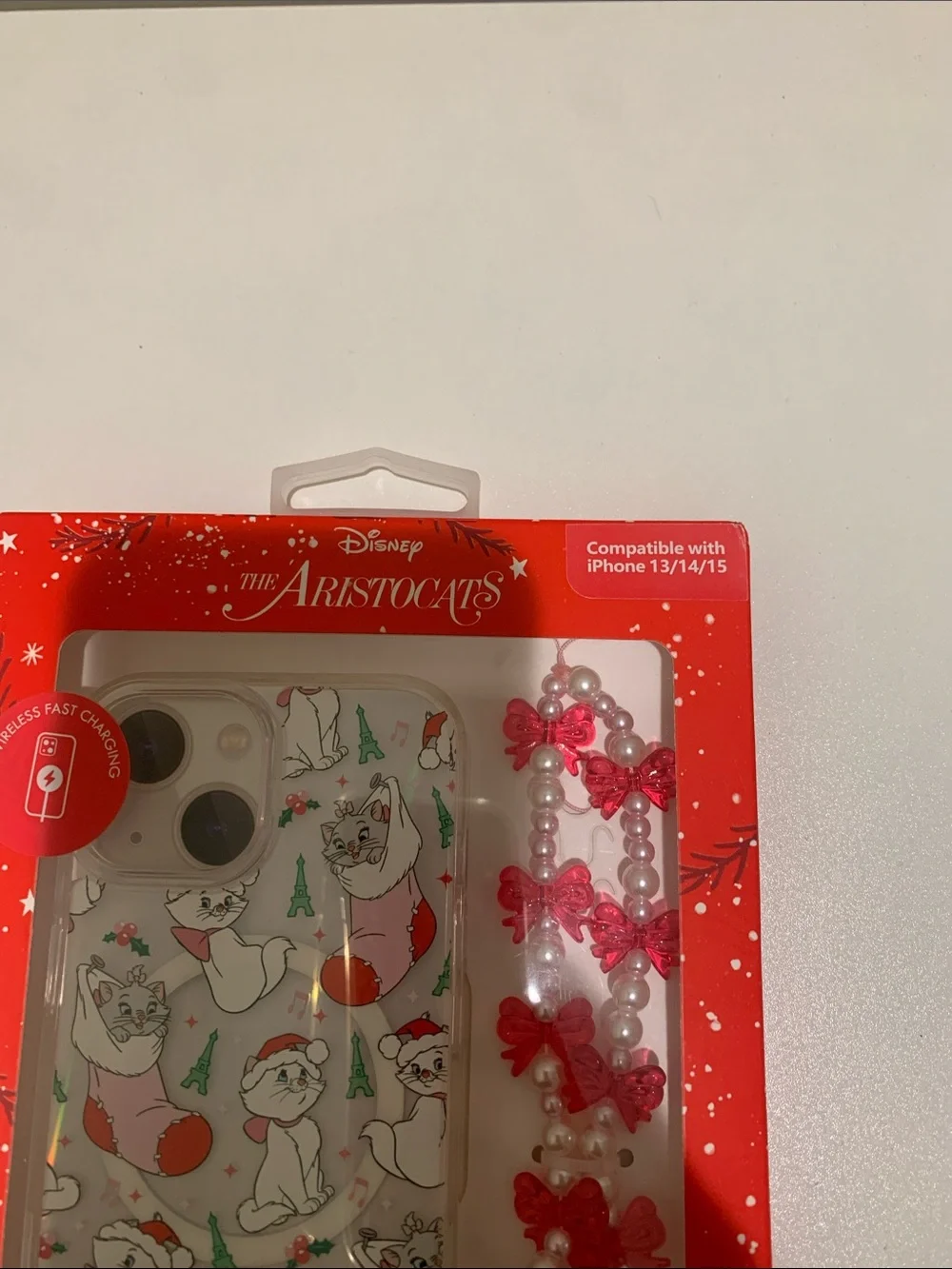 Disney The Aristocats Pink & White Cat Pattern Phone Case with Beaded Bow Strap